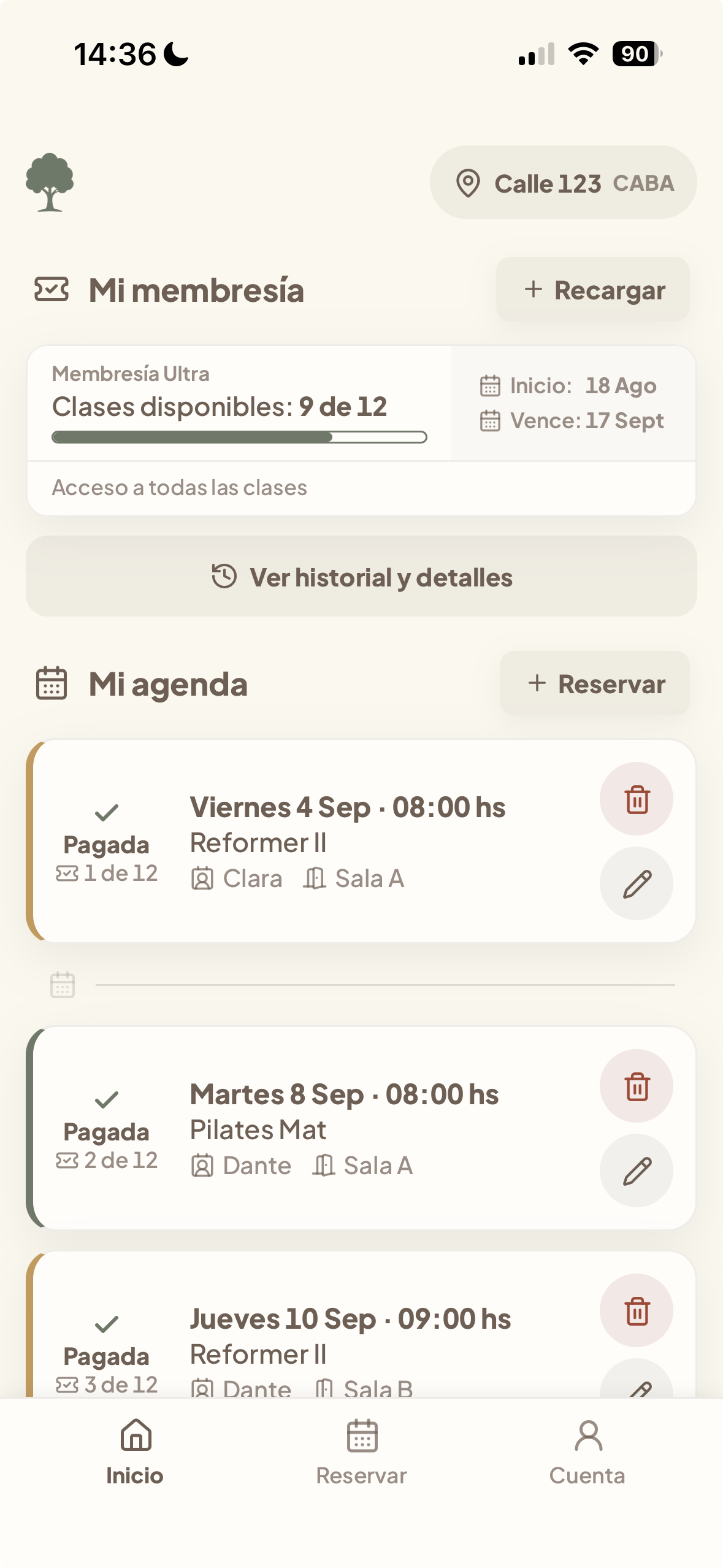 Inicio de la app de alumnas de Jacarandá, con membresía y próximas clases