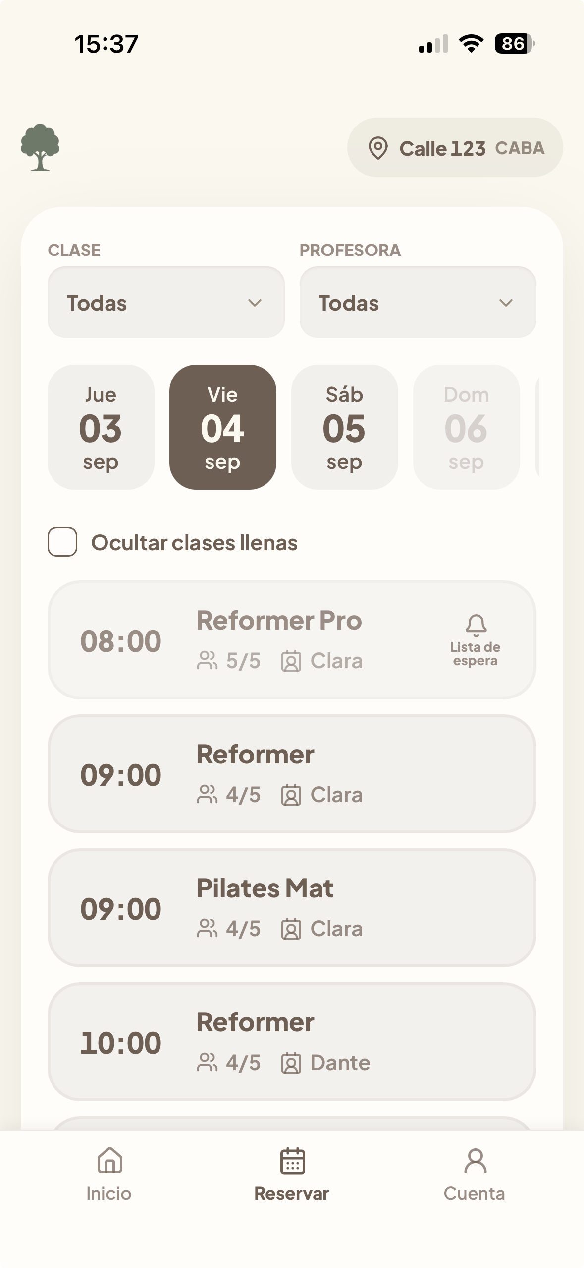 Agenda de la app de alumnas de Jacarandá para elegir y reservar una clase